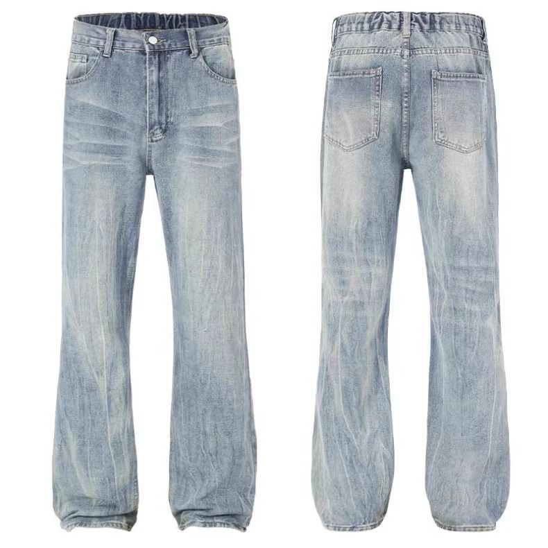Jeans in denim azzurro chiaro effetto retrò lavato – Pantaloni larghi e comodi a gamba dritta con coulisse in vita regolabile (unisex, fodera in pile stagionale, dalla S alla 3XL)_voghion.com