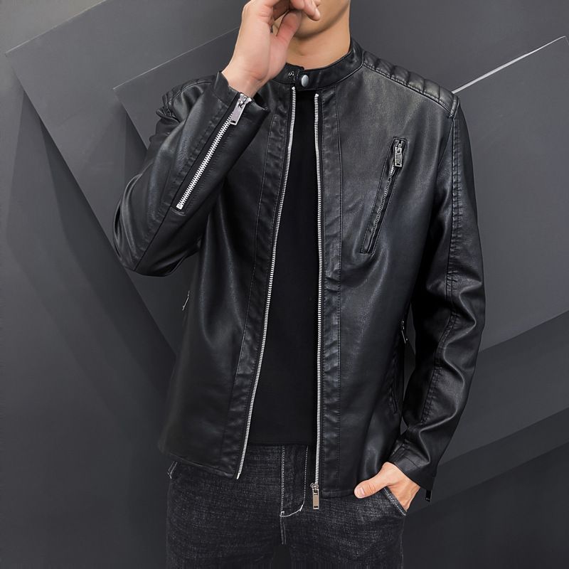 Große Herren-Lederjacke mit Stehkragen, schmal geschnitten, Lokomotiv-Stil, PU-Lederjacke für Herren, Freizeitjacke_voghion.com