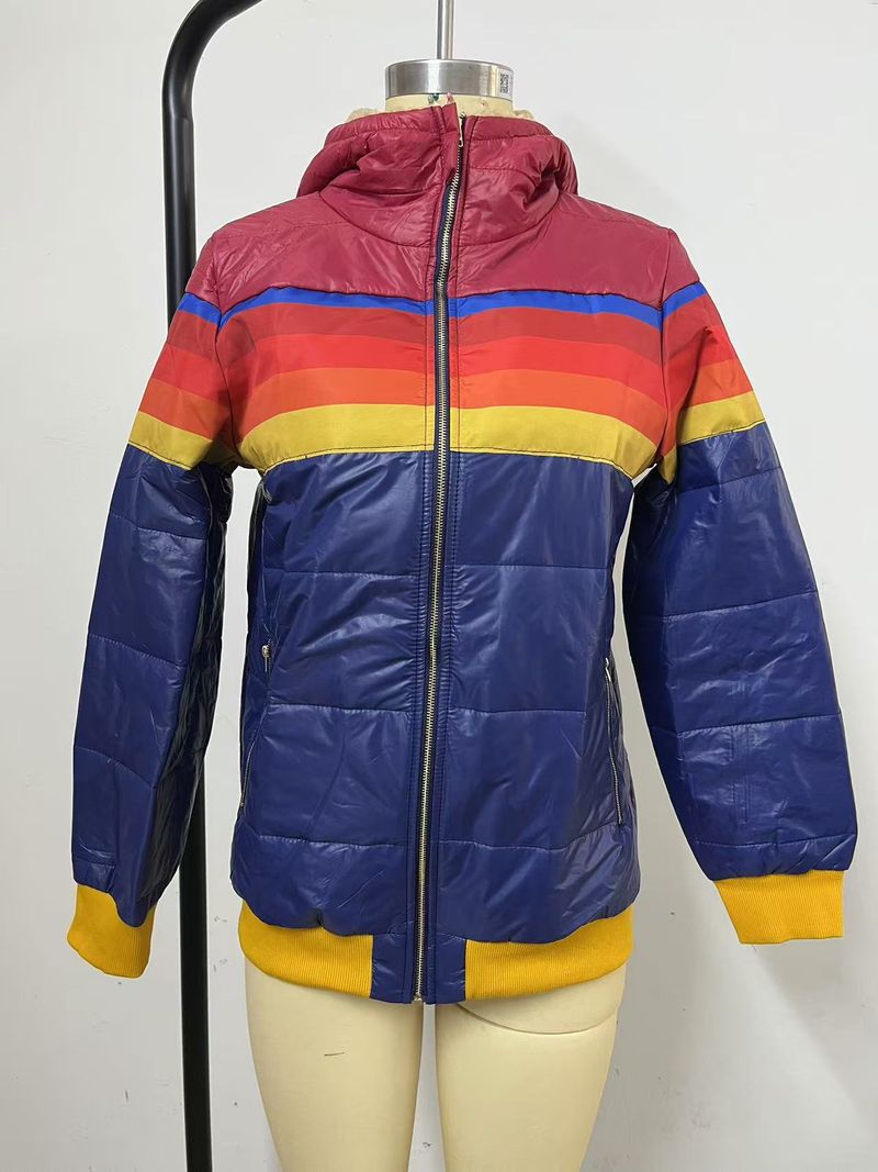 Women's Casual Hooded Print Short Puffer Jacket - Color Block Winter Coat With Cotton Filling, Slim Fit, Long Sleeve, Zipper Closure_voghion.com
