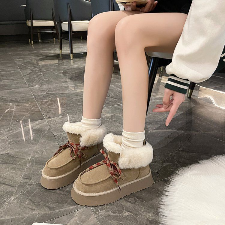 Soft Leather Version ~ Sheepskin Thick-Soled Snow For Women Winter 2024 New Lace-Up Short Height-Increasing Boots Cotton_voghion.com
