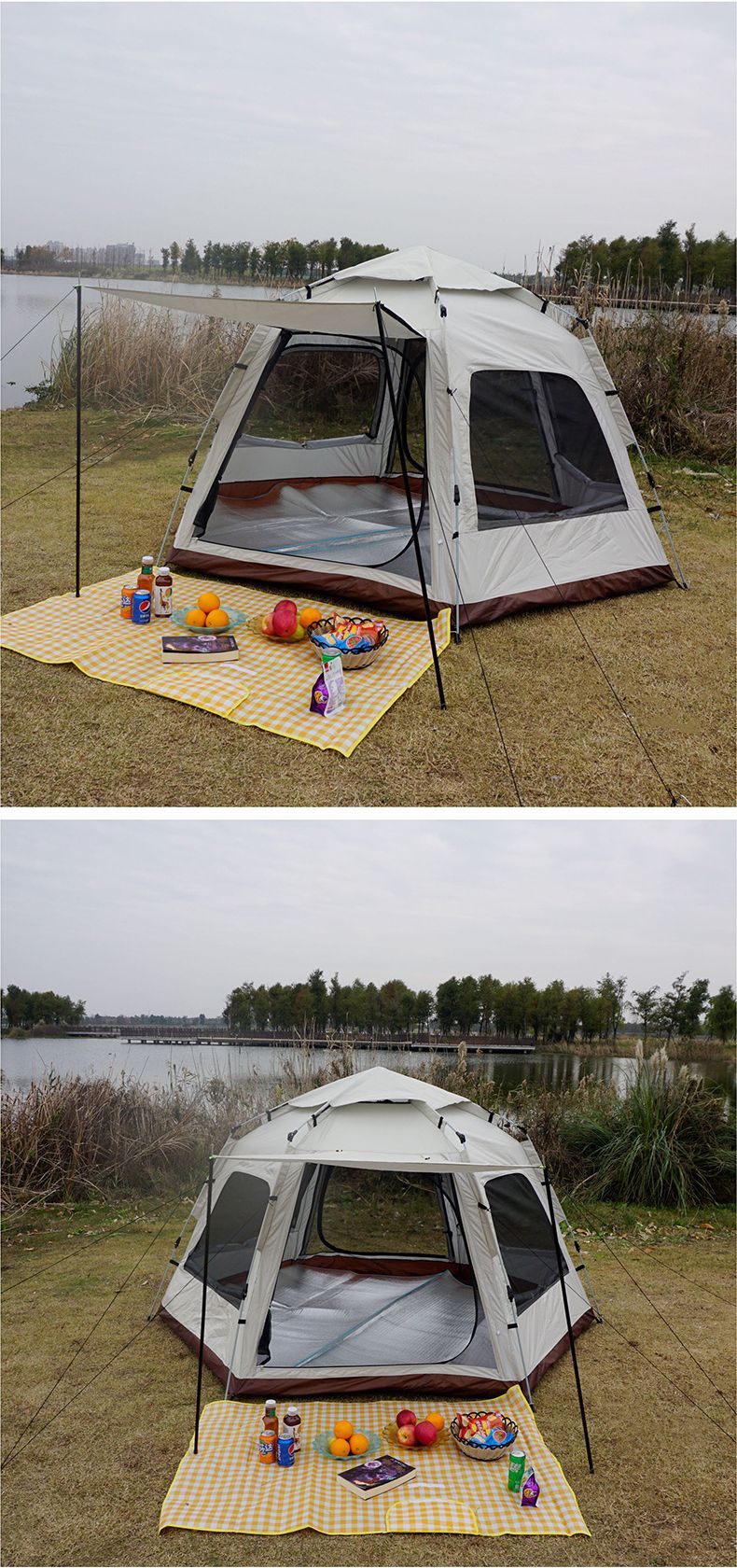 Outdoor 5-8 Personen Automatisches Schnellöffnen Tragbares Faltbares Sechseckiges Sonnenschutz-Mückensicheres Familiencampingzelt_voghion.com