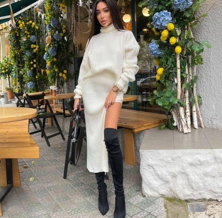 Women's hot-selling autumn and winter new styles, high-necked loose pullover tops, slit sexy long skirts, two-piece set_voghion.com