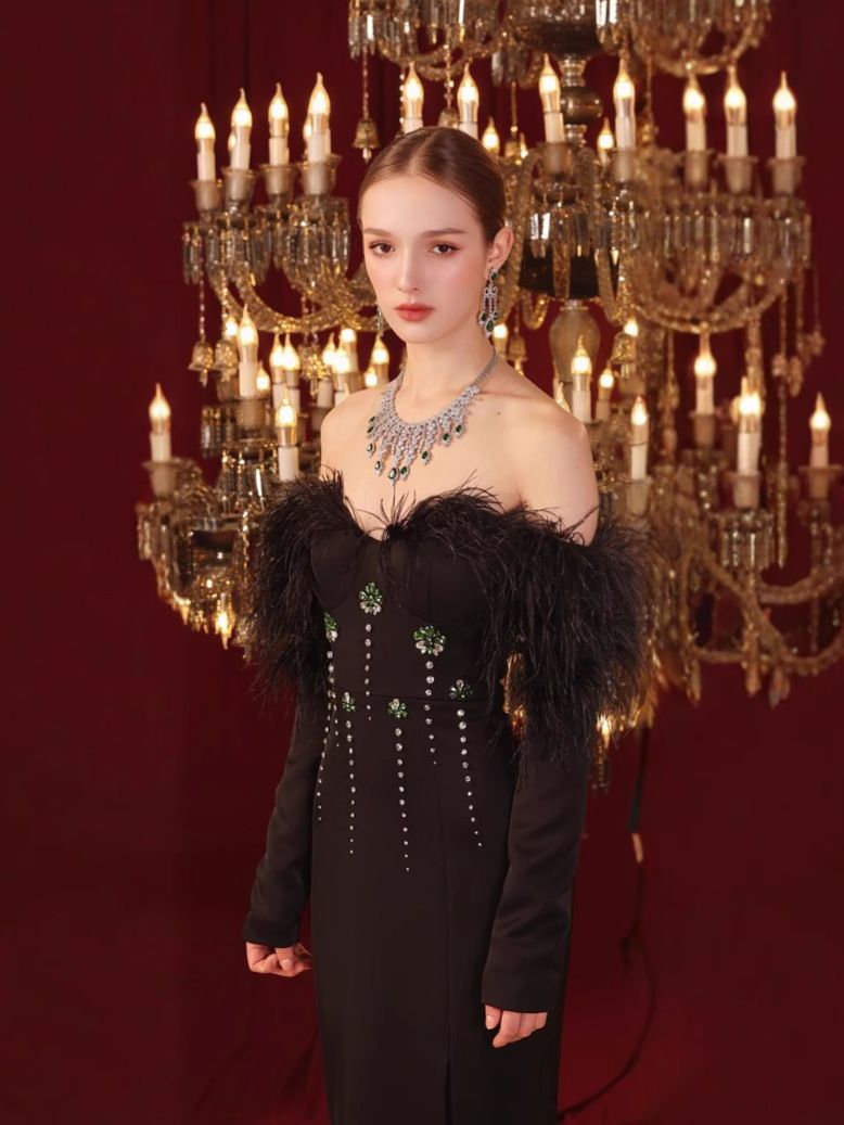 Elegant Off-Shoulder Bandage Dress With Ostrich Feathers & Rhinestones – Luxury Evening Gown For Parties & Special Occasions_voghion.com