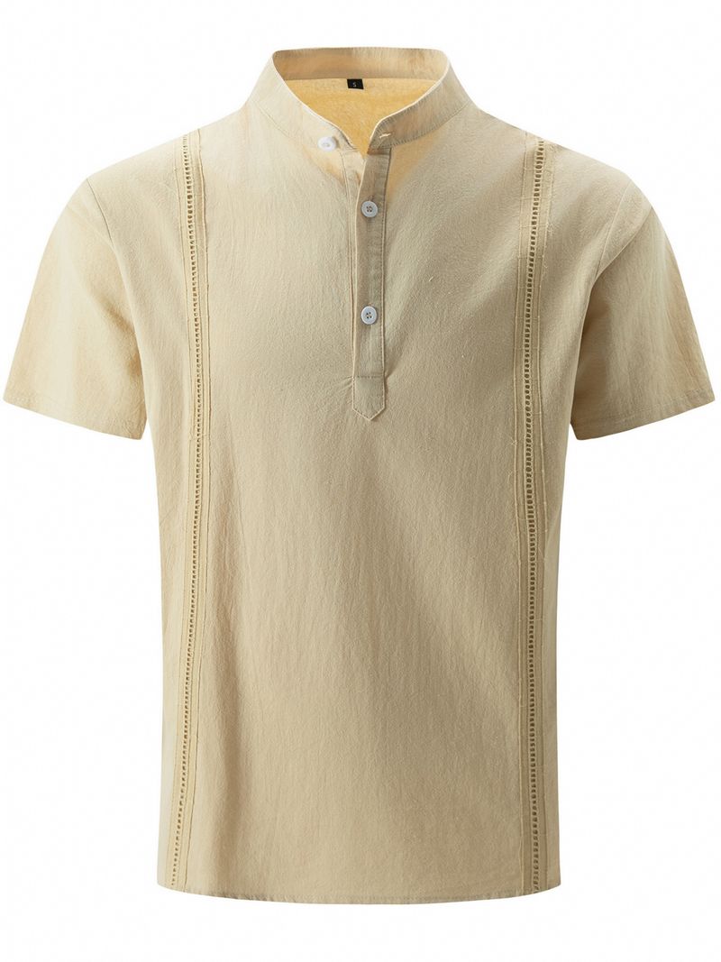 Unbeatable Quality 2024 Cuban Collar Men's Short Sleeved Henry Cotton Linen Shirt Solid Color Top Guayabela None_voghion.com