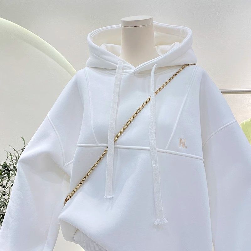 Felpa con cappuccio per donna con pile spesso, autunno e inverno 2024, oversize, versatile, felpa con cappuccio di nicchia_voghion.com