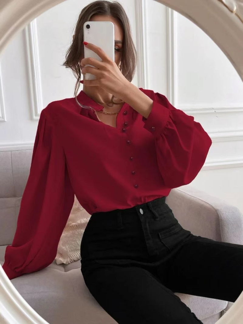 Women's Shirts Solid Color Lapel Long Sleeve Single-row Button Loose Women's Top_voghion.com