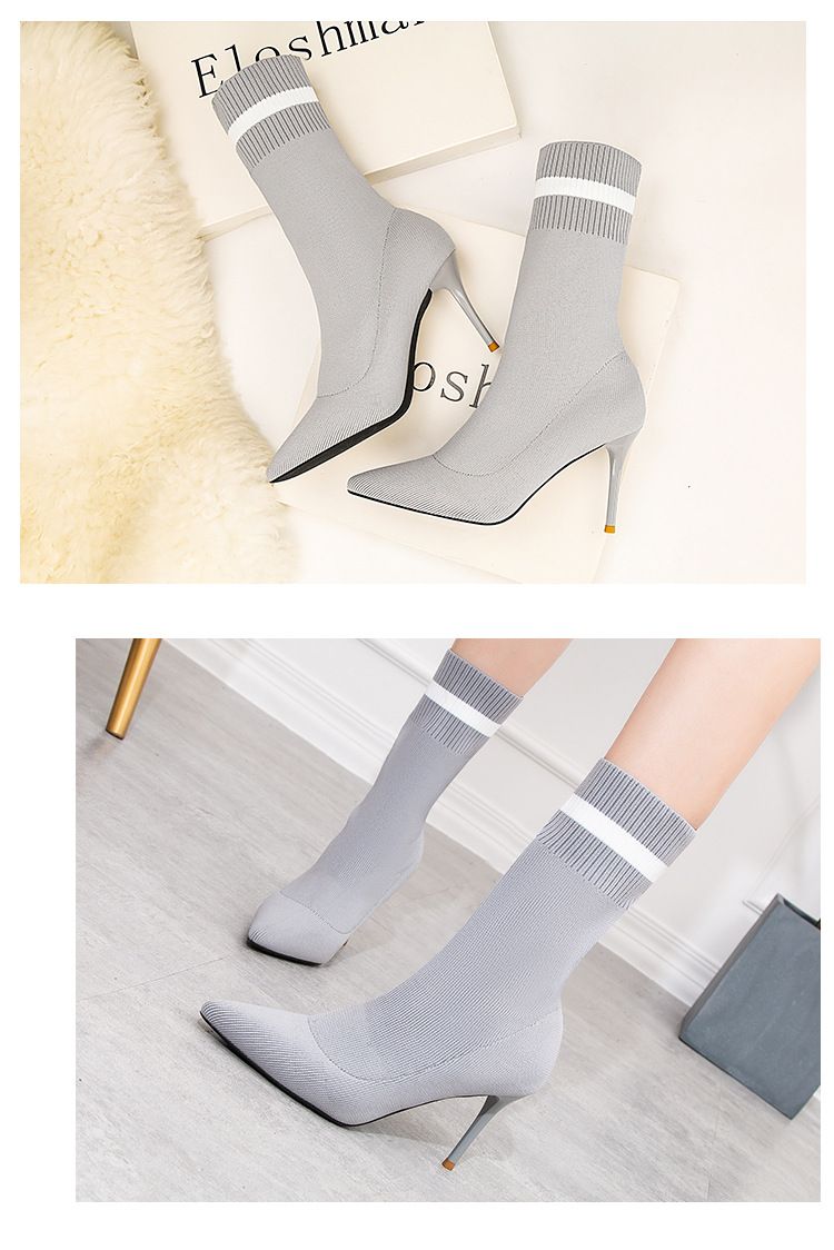 608-4 Efterår Vinter Spidse Bare Og Slanke Elastiske Hæle Strikkede Sokker Støvler, Tynde Hæle, Korte Støvler_voghion.com
