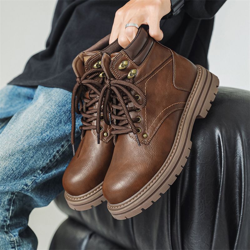 Men's Retro Tooling Boots High-top Short Boots Thick-soled Heightening Martin Boots American Retro Leather Boots_voghion.com