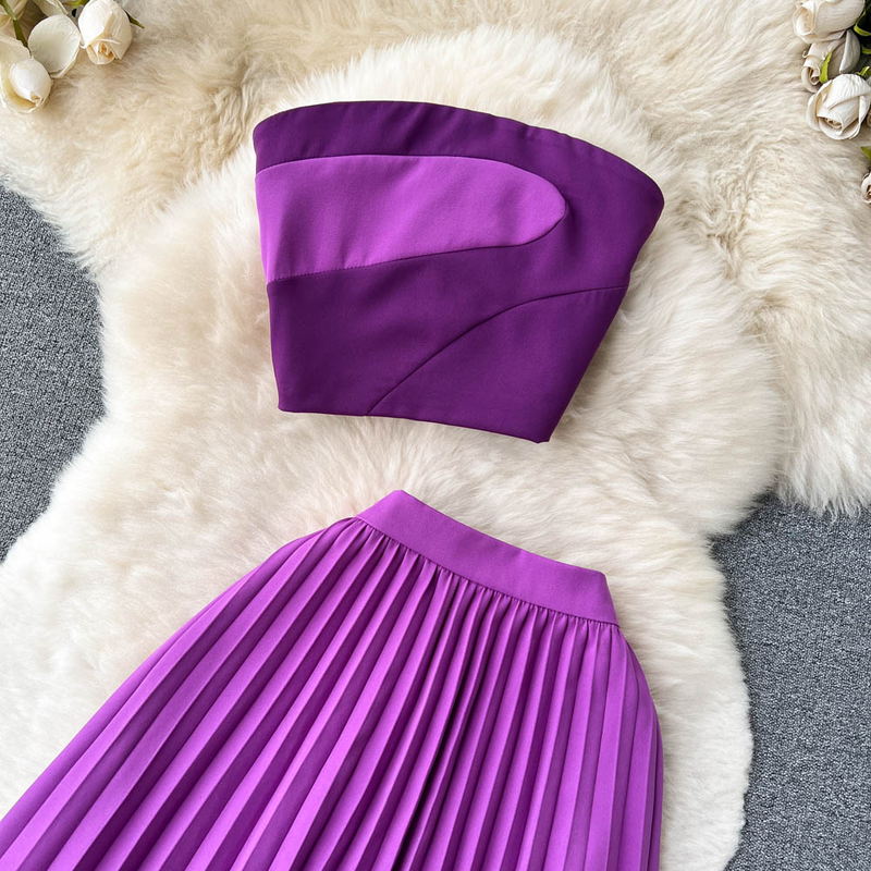 Women's Summer Contrasting Color Tube Top, Irregular Pleated Skirt, Trendy_voghion.com