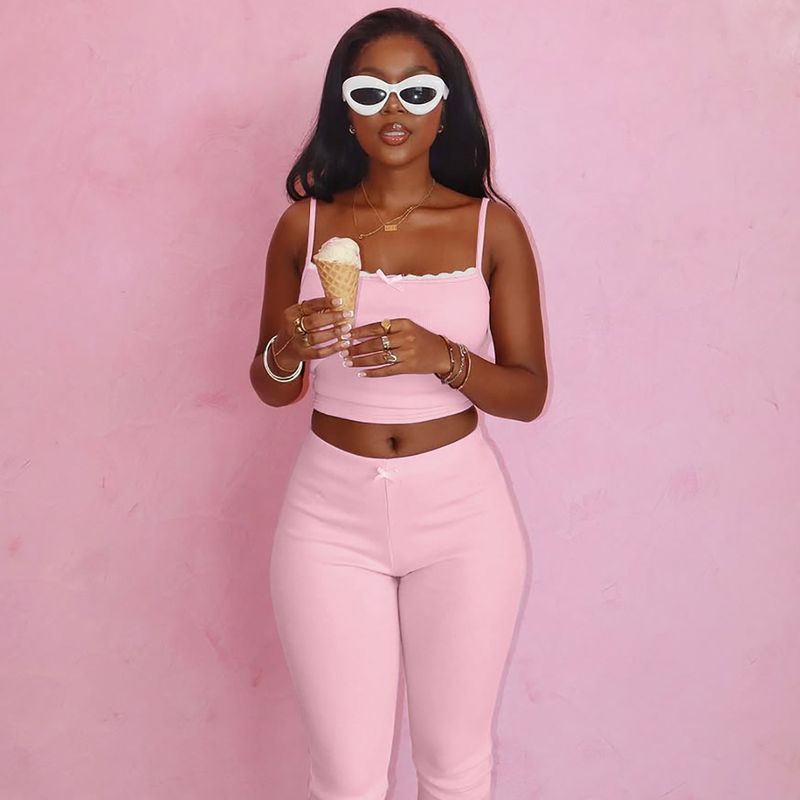 Heißer Verkauf frauen Kleidung 2025 Frühling Sommer Neue Mode Spitze Trim Leibchen Top Schlank Shorts Set_voghion.com