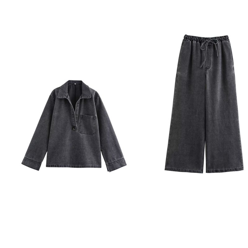 Giacca in denim alla moda da donna K; pantaloni lunghi con elastico in vita; completo casual in denim._voghion.com