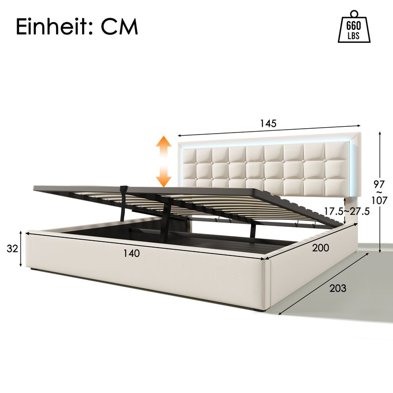 Lit double 140 x 200 cm avec sommier à lattes et rangements, avec bande lumineuse LED, cadre de lit rembourré en similicuir blanc._voghion.com