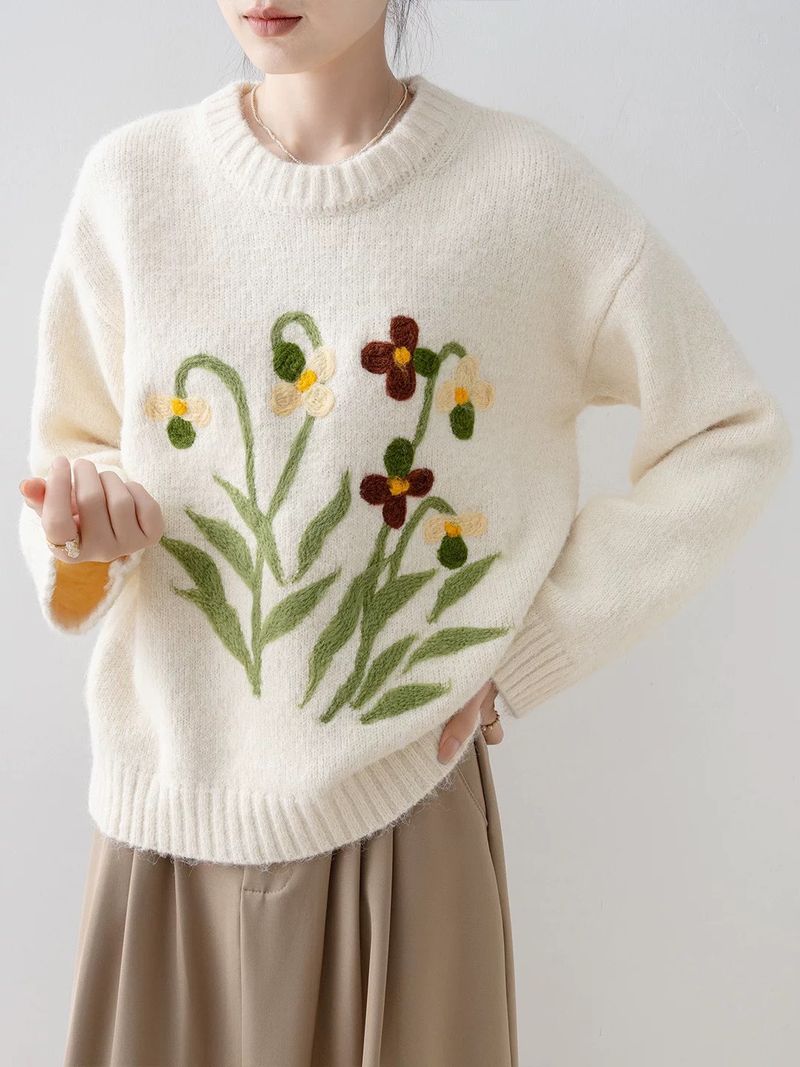 Damen-Strickpullover mit Blumenmuster und Jacquardmuster – Übergroßer, dicker, kurzer Pullover mit geripptem Saum, gemütliches Lagenstück für den Herbst (Einheitsgröße, Creme/Burgunderrot/Marineblau)_voghion.com