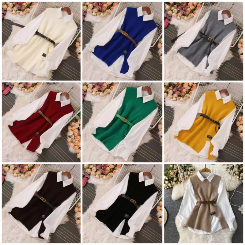 Langärmliger weißer Pullover, altersreduzierendes, locker gestricktes Weste-Shirt, zweiteiliger Anzug für Frauen_voghion.com