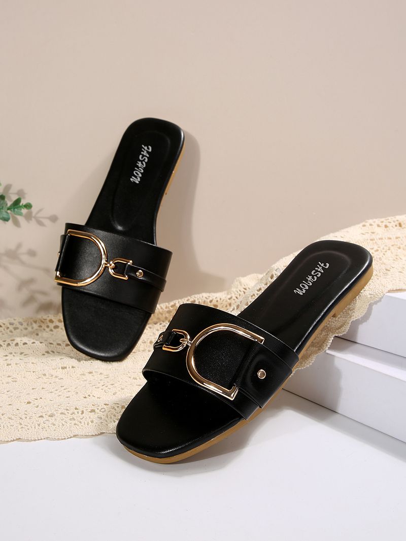 Women's Shoes Women's New Fashion Slippers Classic Temperament With Solid Color Metal Decoration Square Head Flat Sandals_voghion.com