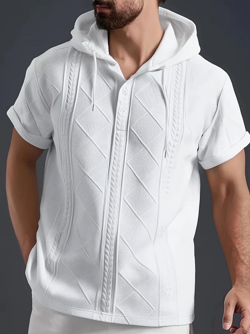 T-shirt con cappuccio e stampa elegante da uomo, comoda e traspirante, a maniche corte, con scollo a bottoni, per un abbigliamento casual._voghion.com