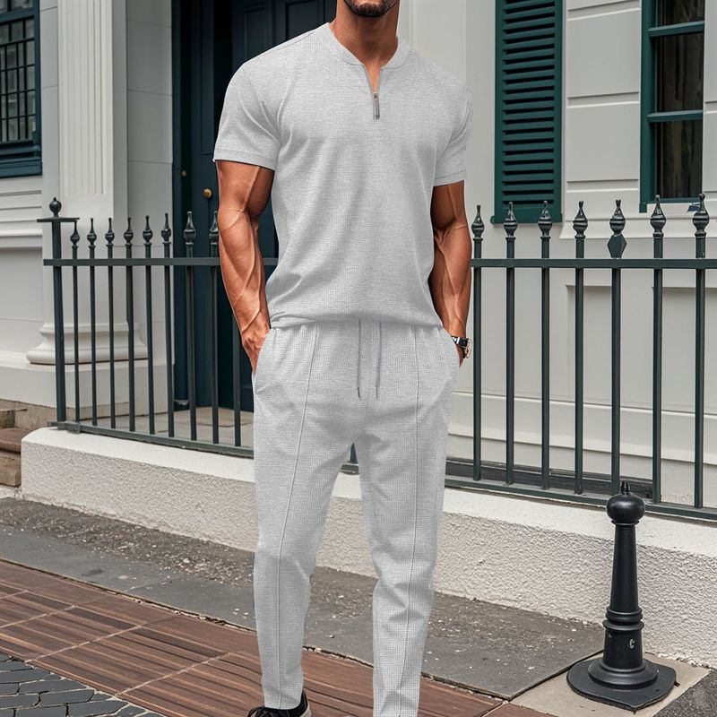 New Waffle Texture Stand Collar Small Zipper Solid Color Men's Short Sleeve Long Pants Set_voghion.com