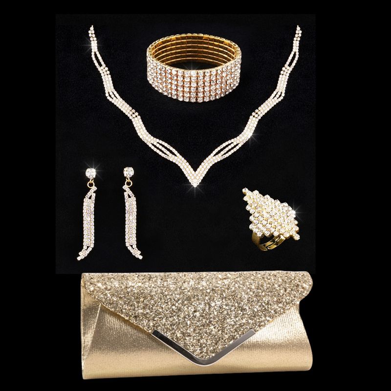 Set di gioielli da donna con collana di strass, orecchini, bracciale, anello e pochette per matrimoni, feste e serate, composto da cinque pezzi._voghion.com