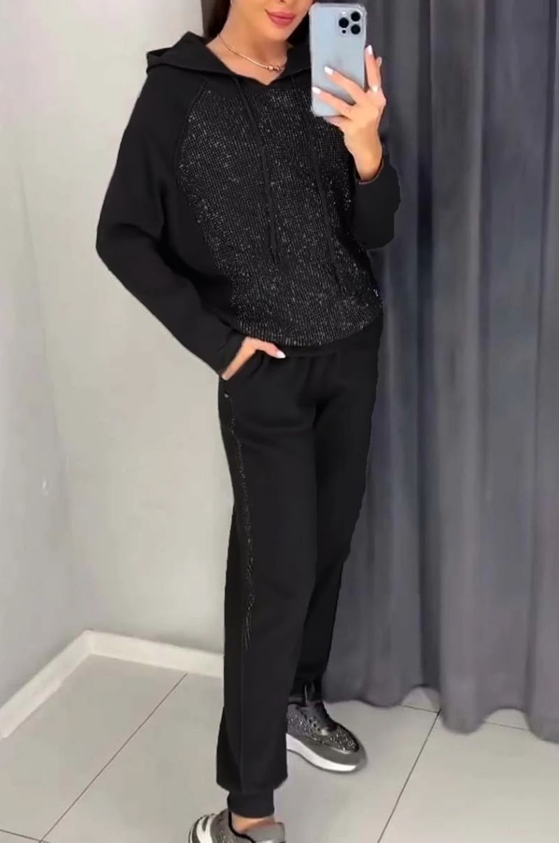 Women Two Piece Sets Pant Set Sequin Sweatshirts Loose Casual Matching Sets Hooded Tops High Elastic Waist Splice Long Pants_voghion.com
