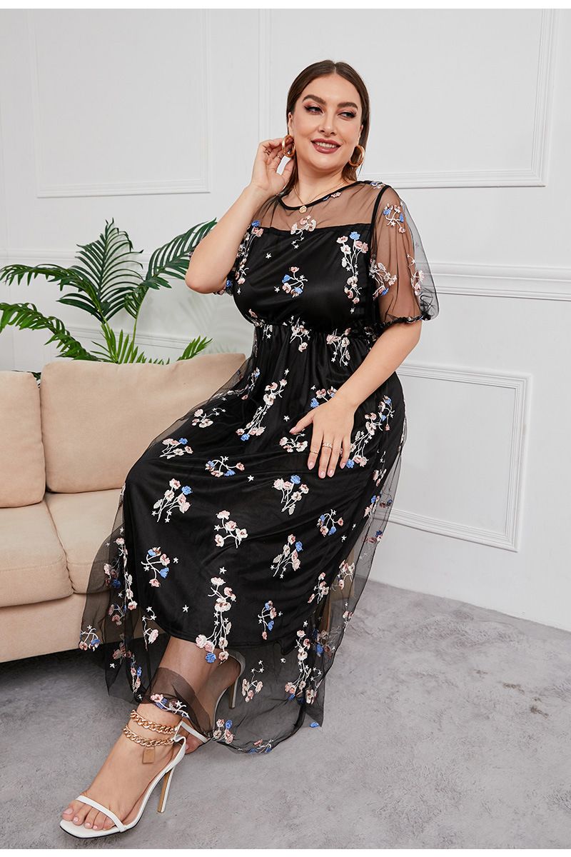 Sukienka damska plus size, wieczorowa, kobieca, haftowana siateczka, bankietowa, imprezowa, midi_voghion.com
