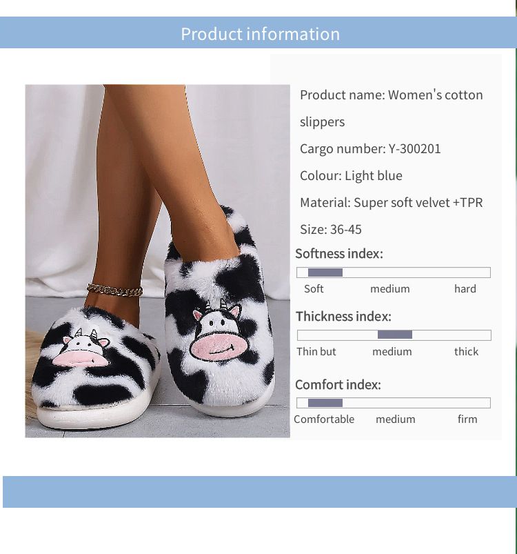 Simpatiche pantofole in cotone con mucca da cartone animato per studenti, scarpe calde e pelose antiscivolo da interno_voghion.com