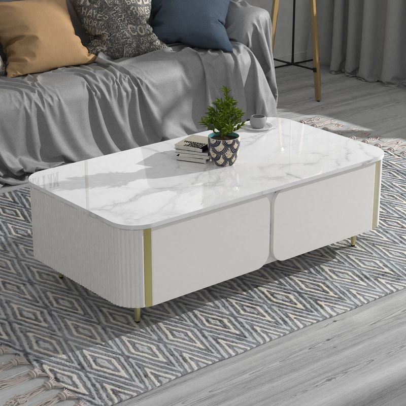 1pc Modern Luxury Coffee Table, 51.1" Rectangle Coffee Table With Drawer, Marble Top, Curved Profile Design, Gold Metal Decor, Center Table For Living Room,Side Table For Apartment_voghion.com
