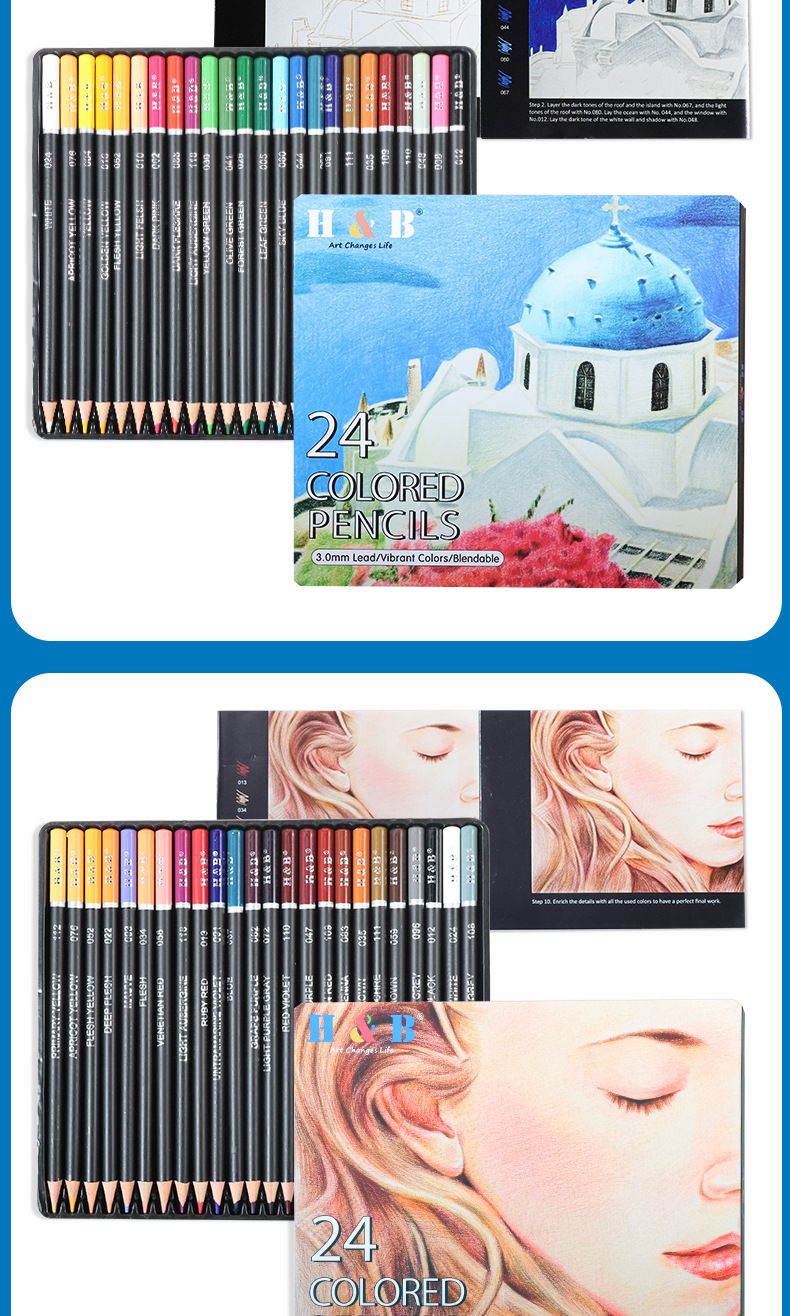 H&B 24-Color Oil-Based Colored Pencils Set - Premium Black Barrel Art Supplies For Drawing, Sketching & Coloring_voghion.com