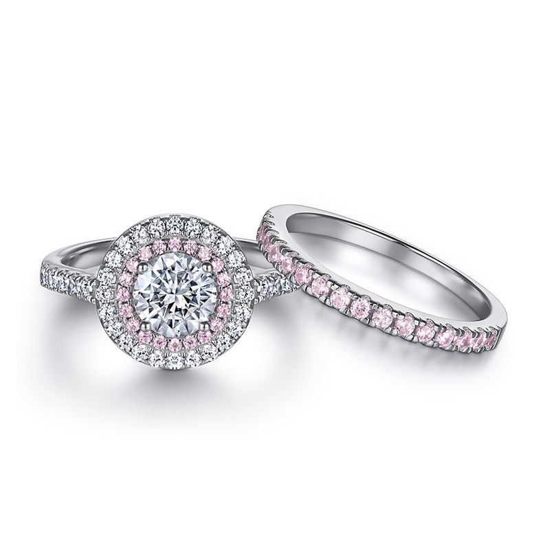 Ring Set S925 Sterling Silver Ring Set Women's Round Pink Zircon Ring Set_voghion.com