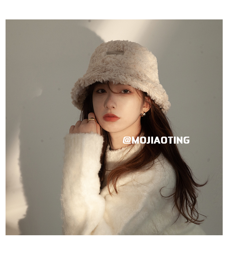 Japanische Damen-Neusilber-Label-Plüsch-Fischermütze mit großer Krempe, Herbst- und Winter-verdickter Warmwasser-Eimerhut,_voghion.com