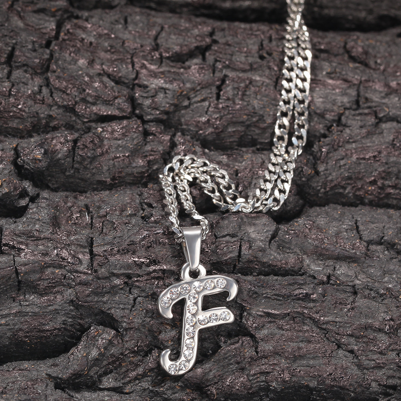 Collana con ciondolo Hip Hop in acciaio inossidabile per uomo e donna con dettagli in diamanti, 26 lettere dell'alfabeto disponibili, catena cubana da 60 cm_voghion.com