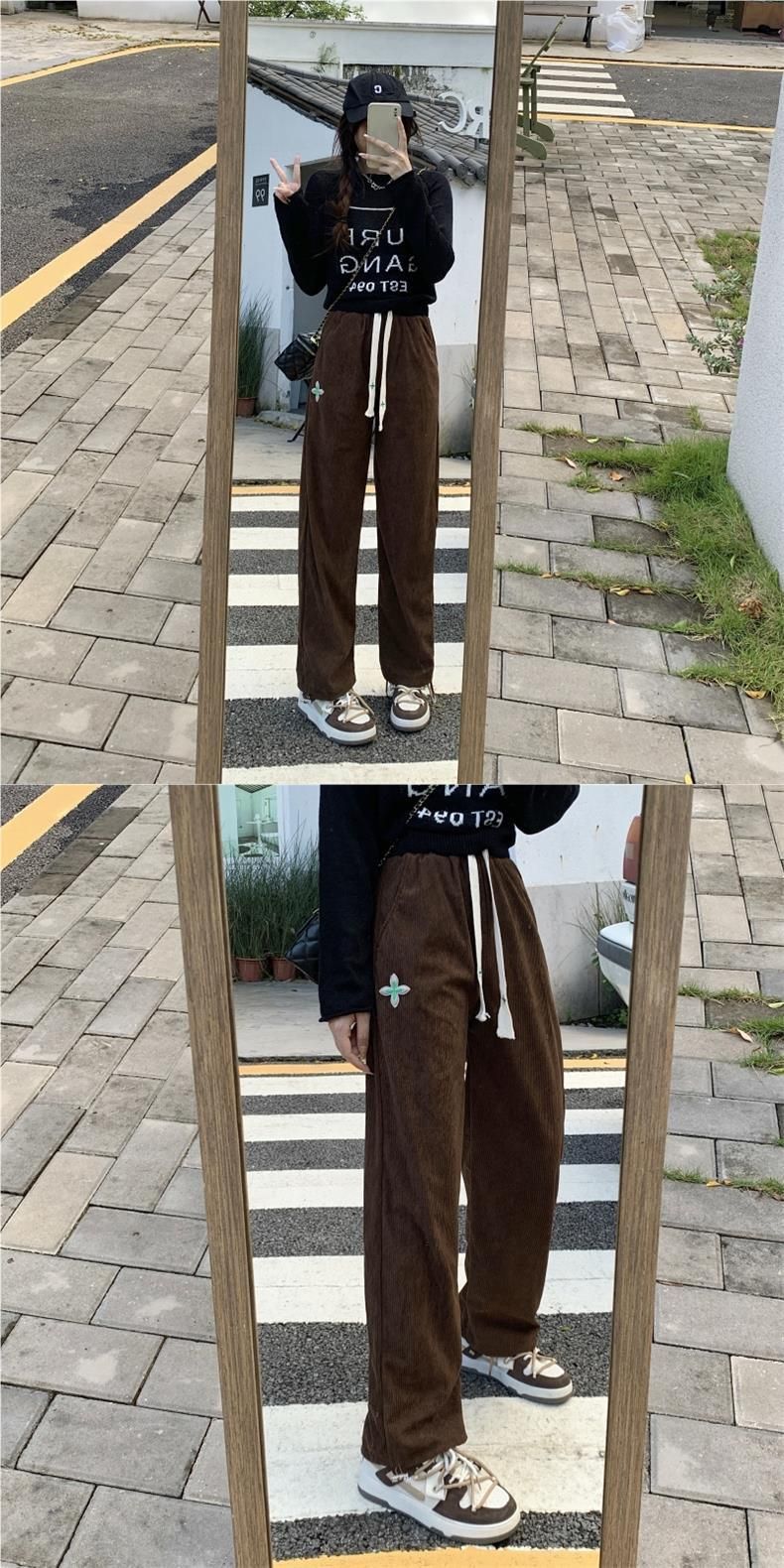 6017 # Corduroy Autumn Korean Edition New Work Wide Women's Leg Tight Pants_voghion.com