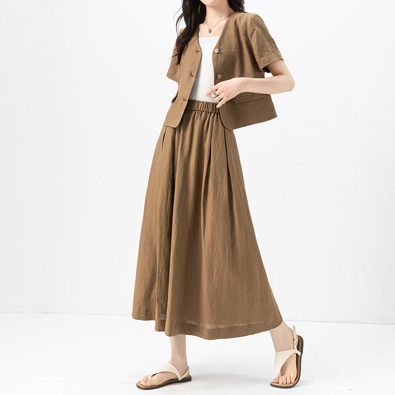 Xinge Linen Old Money Relaxation Set Women's Summer Casual Loose Short Sleeve Jacket Show Thin Skirt_voghion.com
