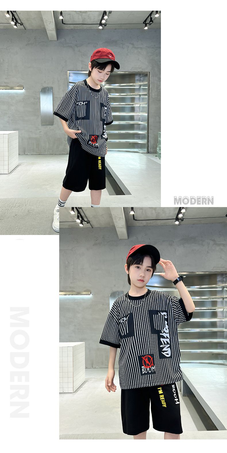 Kinderkleidung Neue Sommer Kinder Street-Strahlen Kurzarm Shorts Anzug Jungen Striped Print Modische Casual Rundhals Anzug_voghion.com