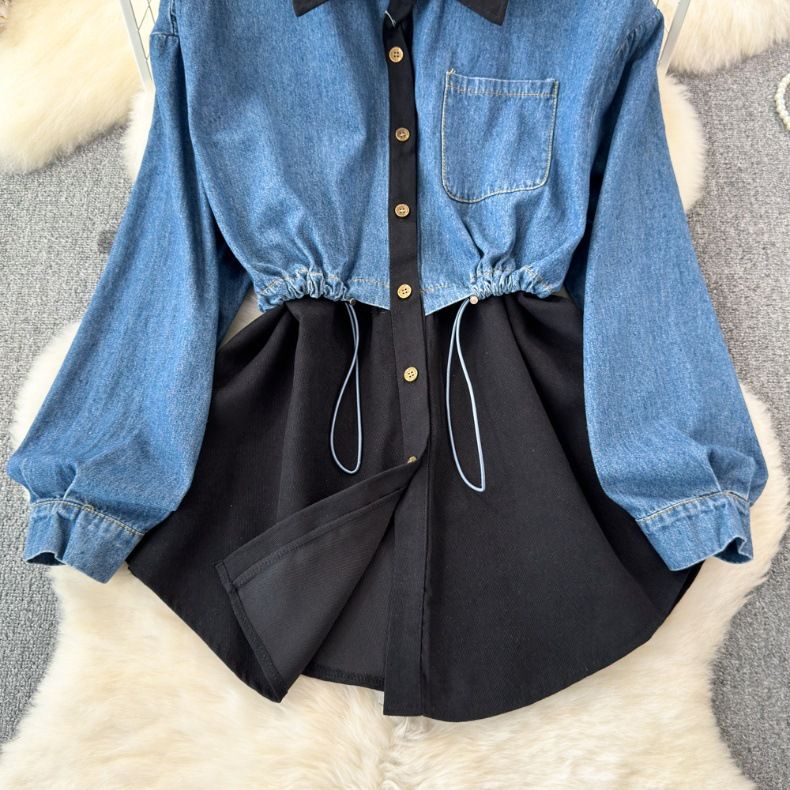 Naisten kaksiosainen pitkähihainen denim-splicing käänne vyötärönauha paita naisten rennot ulkomaiset topit_voghion.com