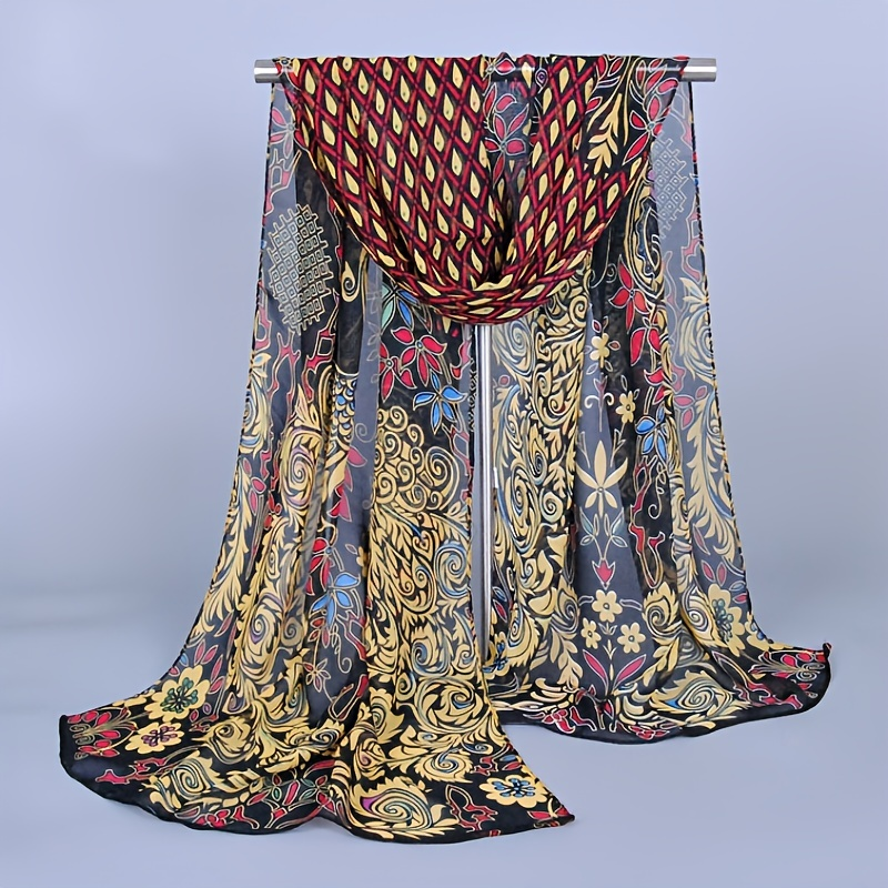 Dünner bedruckter beliebter Chiffon-Seidenschal in Zählerqualität mit Pfauenblume, kleiner langer Chiffonschal für Frauen_voghion.com