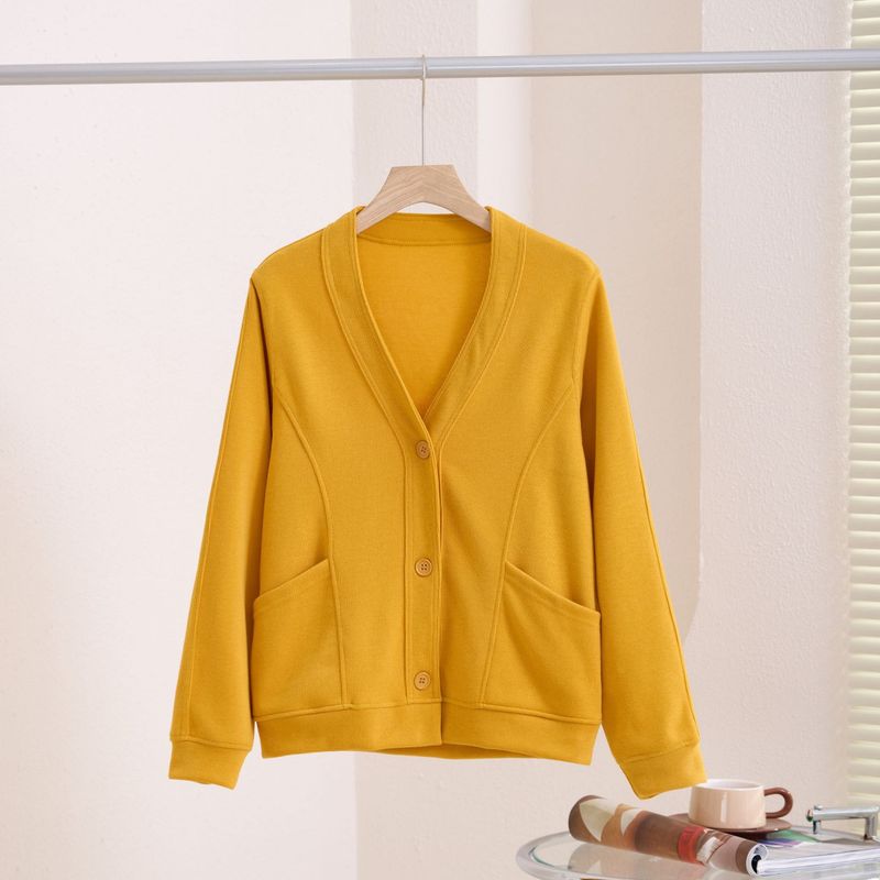 Nový kardigan s dlouhým rukávem a výstřihem do V, Minnie fleece, patchworková přezka, jarní a podzimní literární styl, jednobarevná tenká bunda_voghion.com