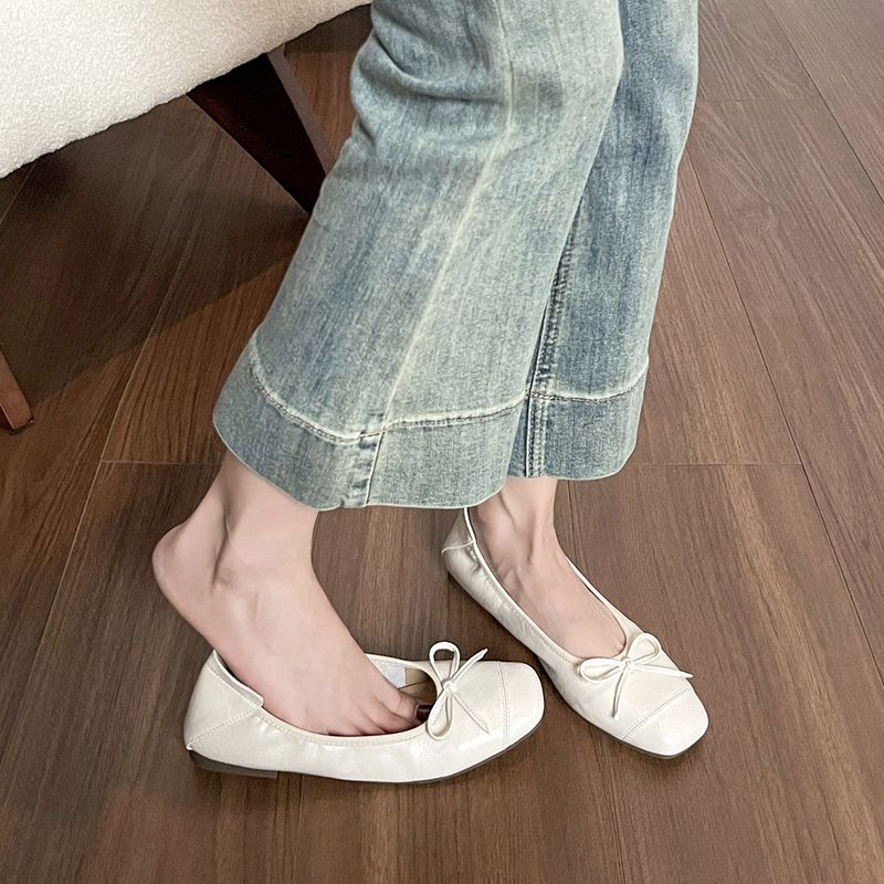 Square Head Bow Ballet Single Shoes Women's Flat-soled Laden Shoes French One-pedal Beanie Shoes_voghion.com
