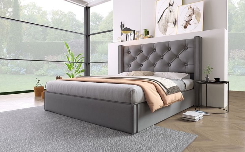 Cadre de lit coffre hydraulique avec sommier à lattes, lit double rembourré moderne 140 x 200 cm, tissu coton, gris, structure en métal_voghion.com