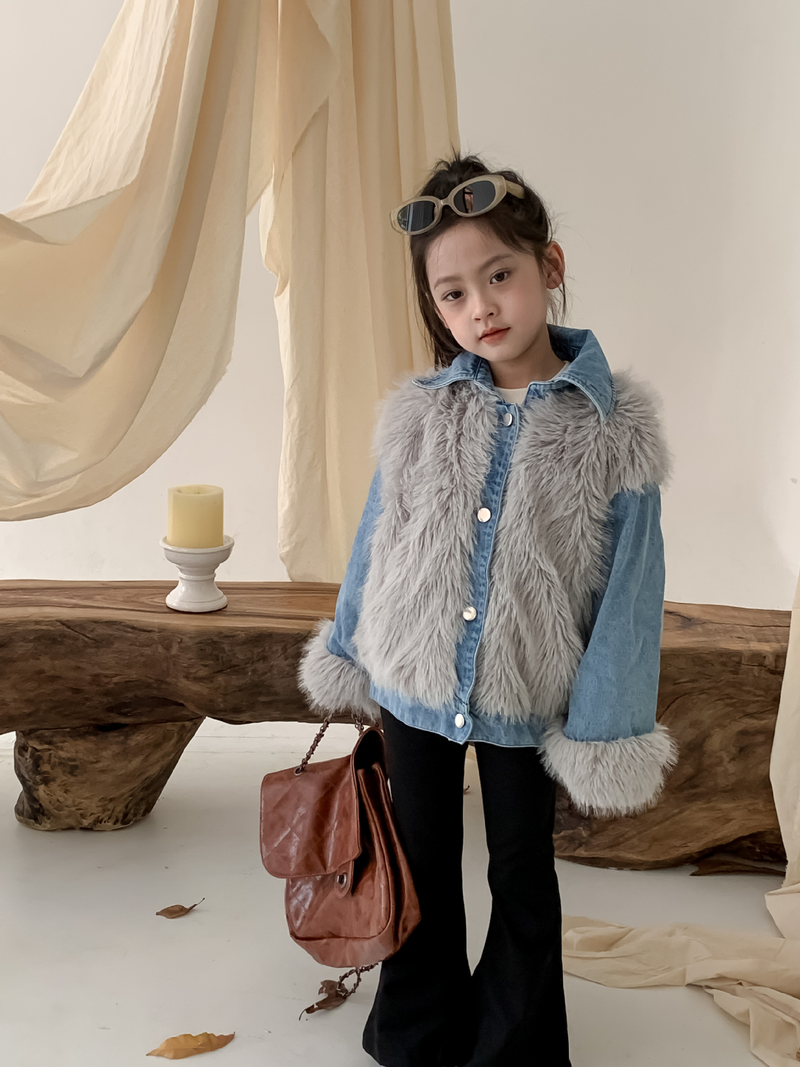 La torta per bambini supera lo stile hipster Cappotto ispessito in pelliccia di jeans patchwork in pelliccia di volpe imitazione per ragazza invernale per bambini_voghion.com