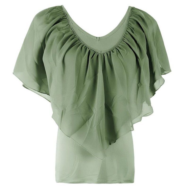 V Womens Elegant Neck Tunic Chiffon Top Tshirt With Short Sleeves Fit Loose And_voghion.com