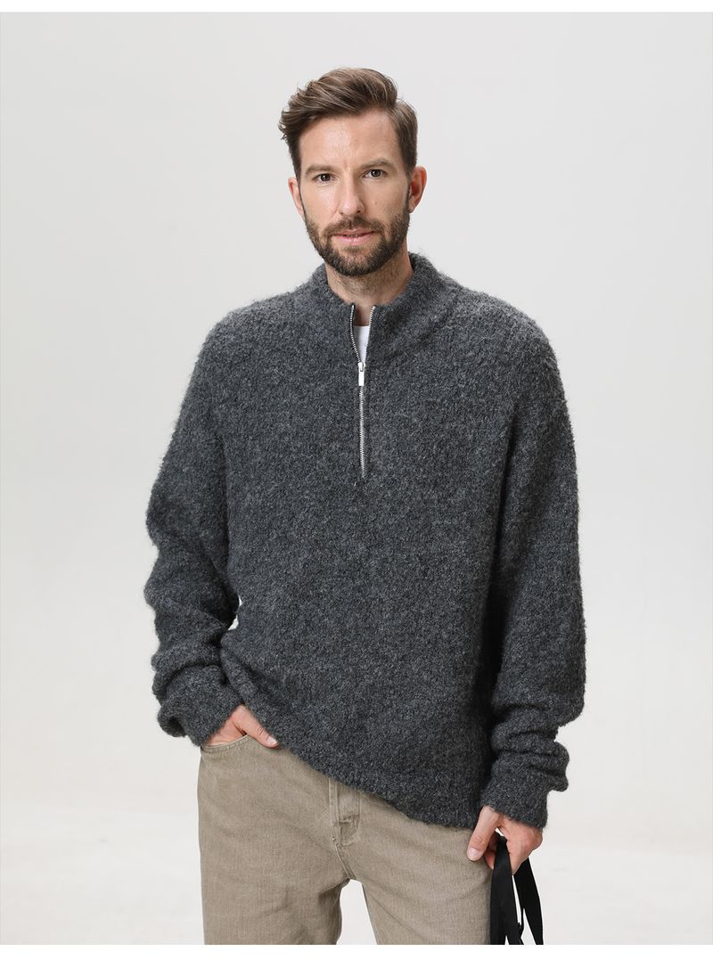 Men’s Heavyweight Loop-Knit Half-Zip Sweater – Winter Thermal Pullover With Stand Collar & Relaxed Fit (M-XXL, Charcoal/Heather Grey/Oatmeal)_voghion.com