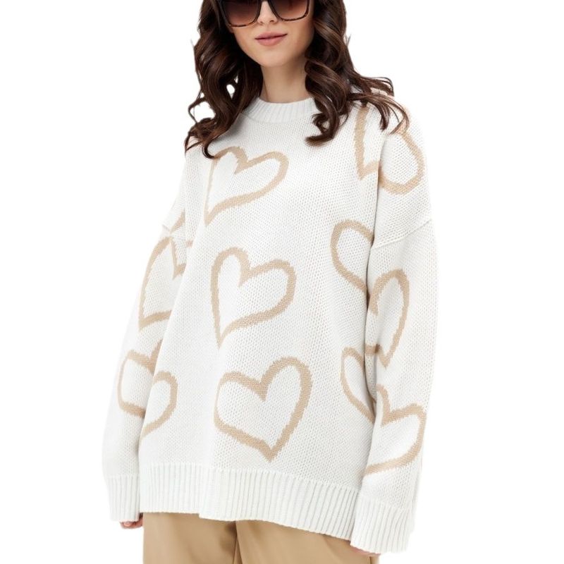 Maglione e maglione da donna pigro con scollo rotondo a forma di cuore, colore a contrasto, pullover lavorato a maglia_voghion.com