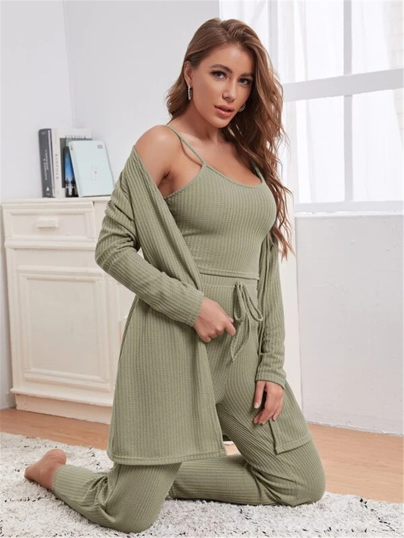 Women's home wear women's Waffle knit halter top trousers robe pajamas three sets_voghion.com