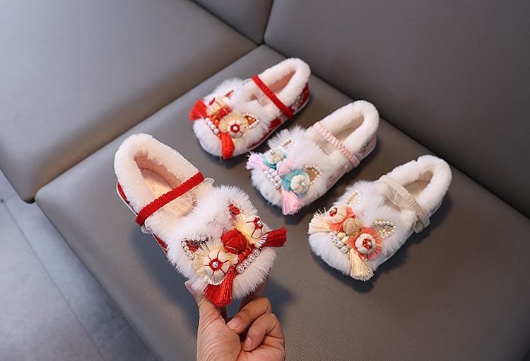 Hanfu d'hiver ShoeGlobe pour filles avec doublure polaire, jupe brodée style chinois à tête de cheval, chaussures pour enfants faites main à tête de tigre, neuf_voghion.com
