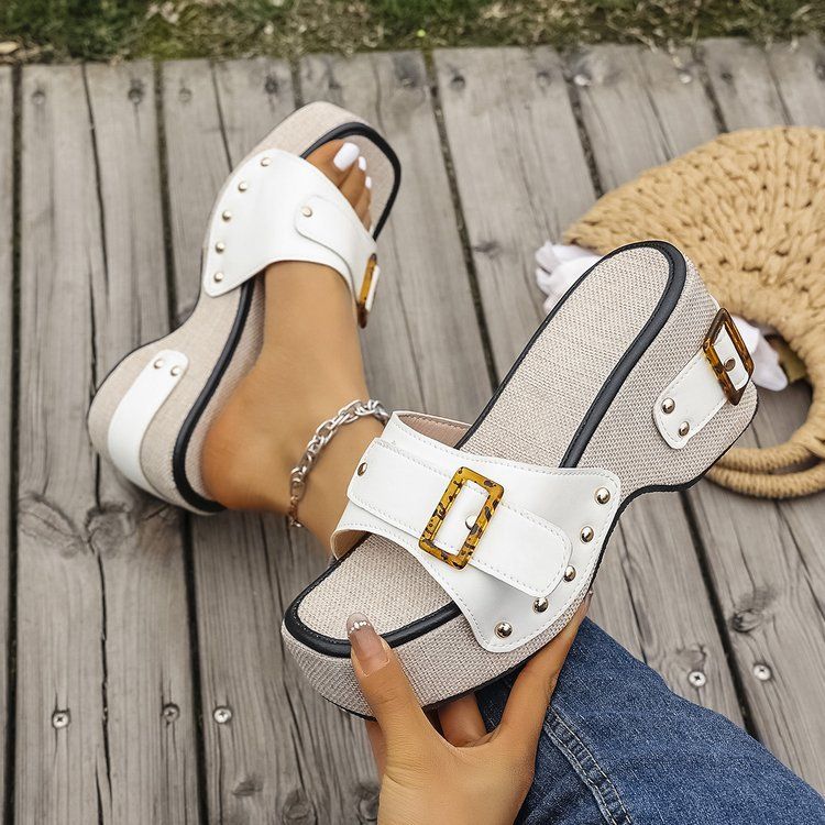 Women's Shoes Large Size 43 Square Heel Thick Sole Heightening Style One Strap Sandals Summer Buckle Rivet Women's Shoes_voghion.com
