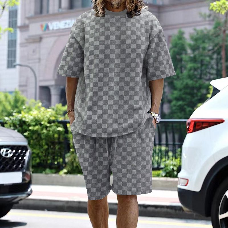 2025 NEUE Sommer Handtuch Plaid Crew Männer Hals Kurzarm Top Und Shorts Mode Lässig Übergröße männer Kurzarm Shorts Anzug_voghion.com
