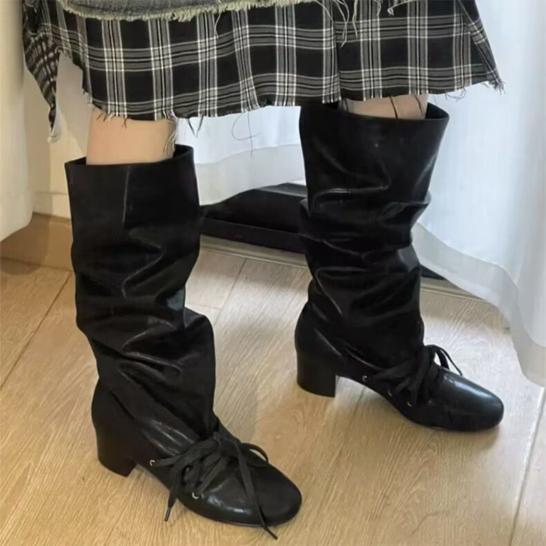 2025 Fall/Winter New Chunky Heel Lace-Up Pleated Knee-High Boots Fashionable And Versatile_voghion.com