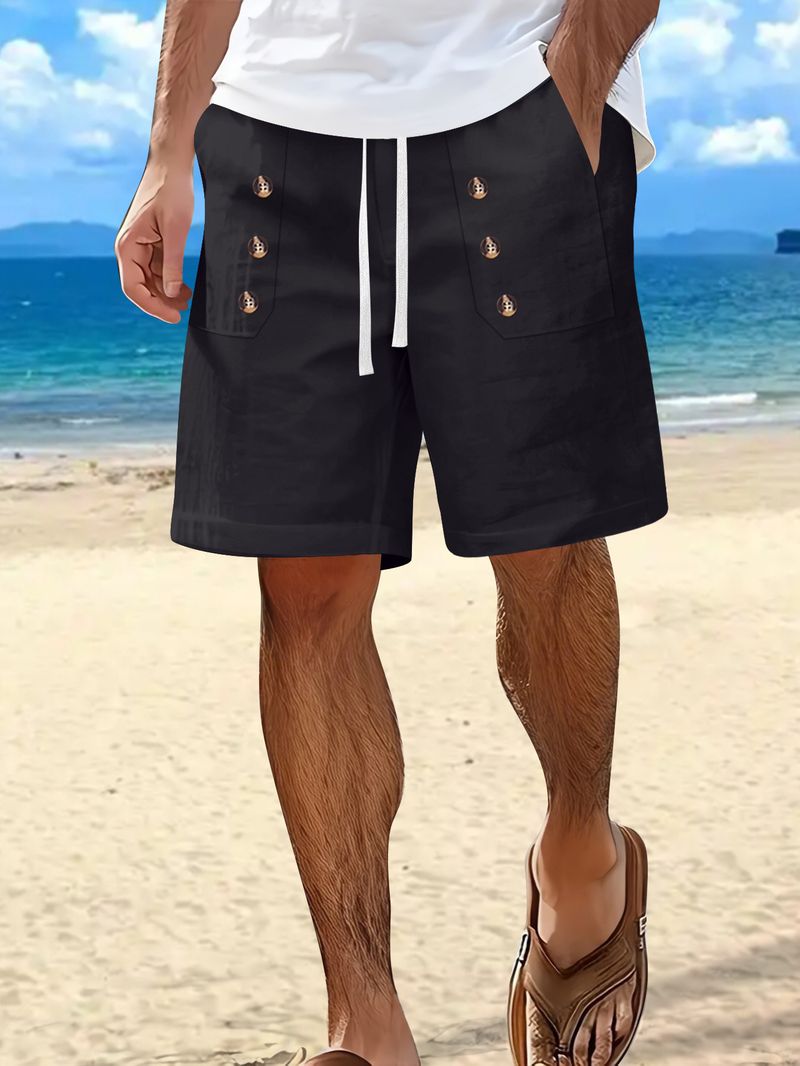 Pantaloncini estivi da uomo in cotone e lino, casual americani, larghi e dritti, con bottoni_voghion.com