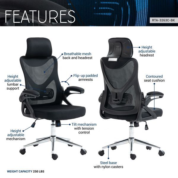 Techni Mobili Essential Ergonomic Office Chair With Headrest & Lumbar Support, Black_voghion.com