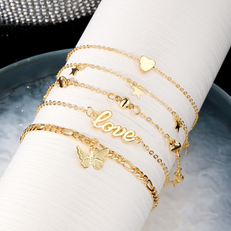 Set di cavigliere a strati in metallo con farfalla a stella a cinque punte LOVE da 5 pezzi_voghion.com